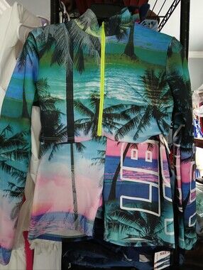 Tropical Palm Long-Sleeve Rash Guard Swim Top - Neon Zip - Blue Green Pink